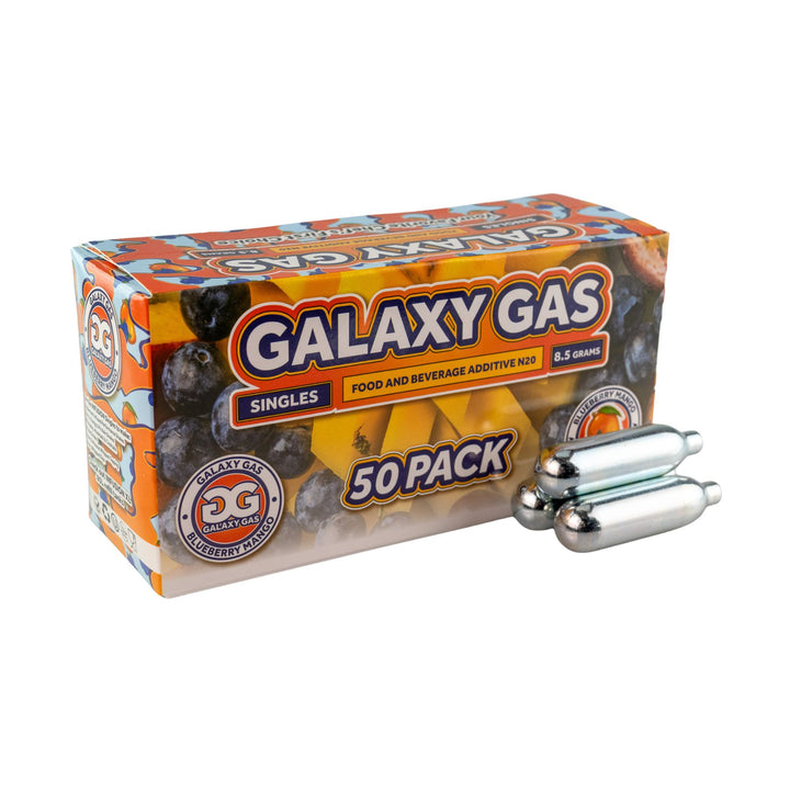 "Side angle of a 50ct box of Blueberry Mango Galaxy Gas on a white background," - Up N Smoke.