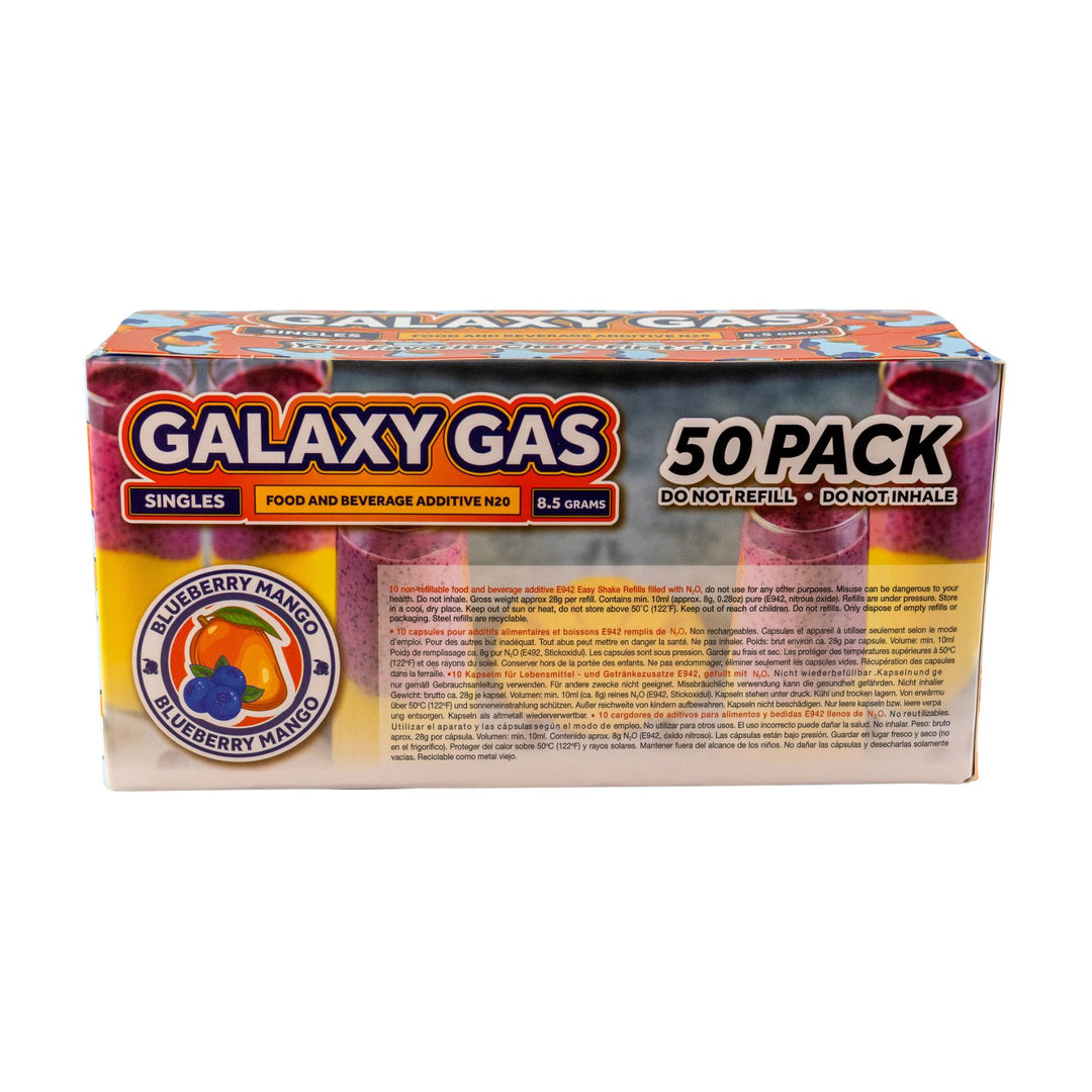 "Backside of a 50ct box of Blueberry Mango Galaxy Gas on a white background," - Up N Smoke.