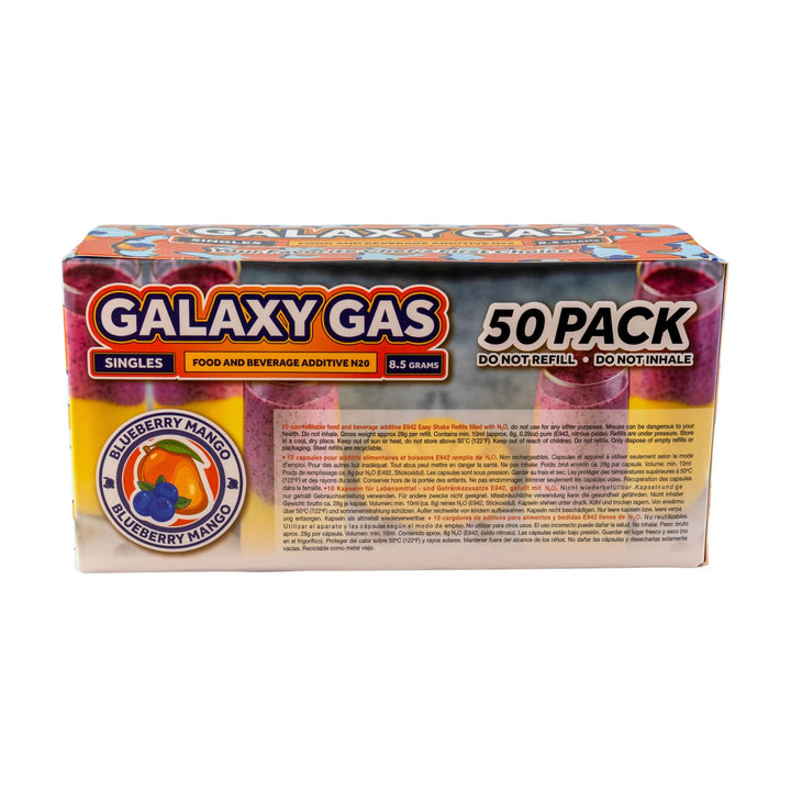 "Backside of a 50ct box of Blueberry Mango Galaxy Gas on a white background," - Up N Smoke.