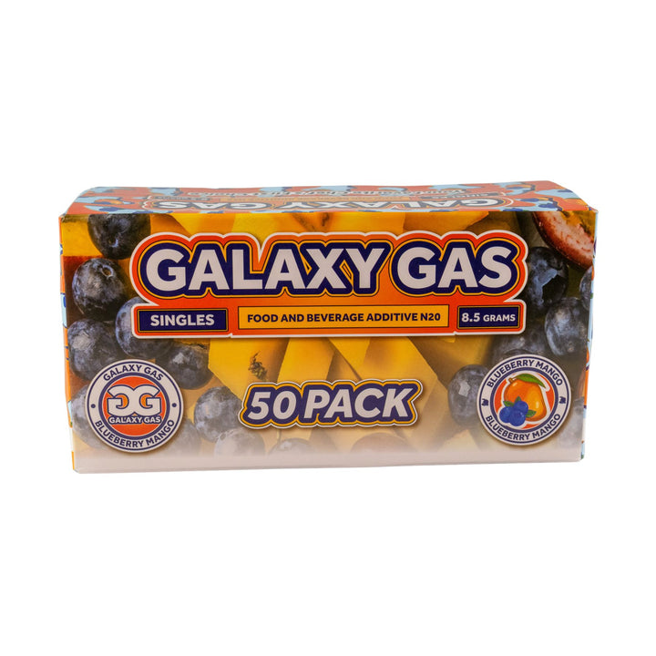 "Box of 50ct Blueberry Mango Galaxy Gas on a white background," - Up N Smoke.