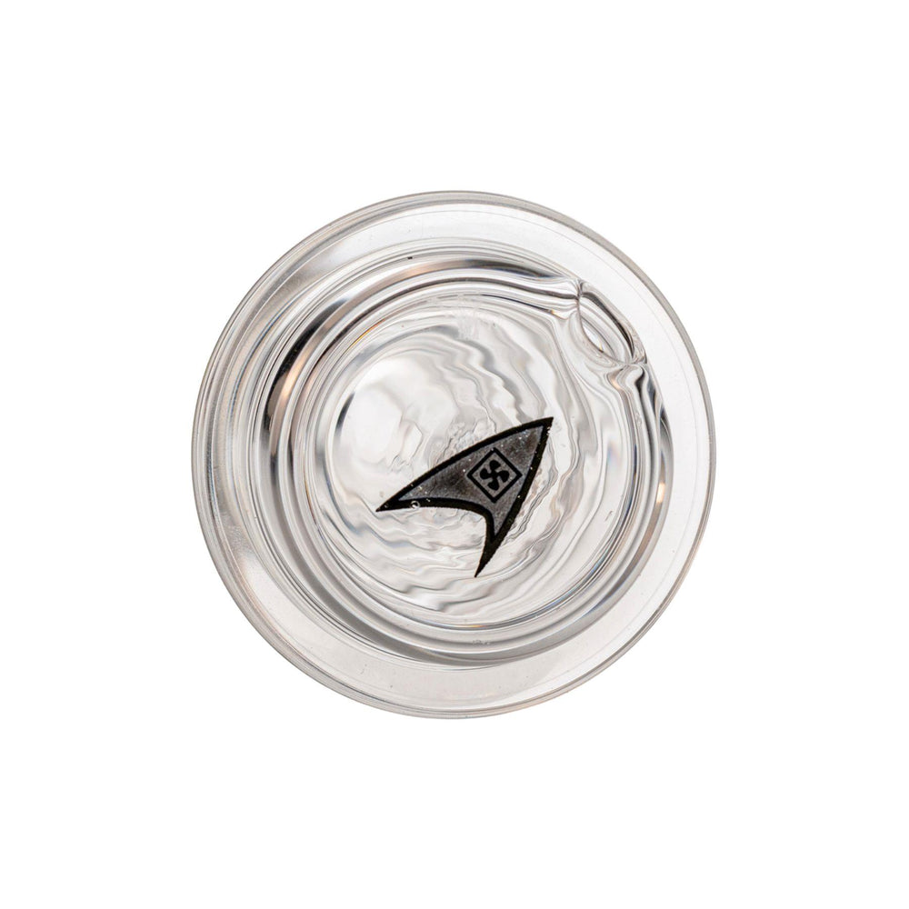 "Bottom of a Boxfan Pagoda Puffco Top that shows a grey logo decal," - Up N Smoke.