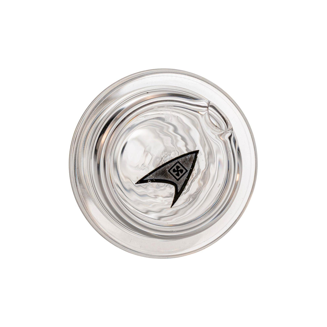 "Bottom of a Boxfan Pagoda Puffco Top that shows a grey logo decal," - Up N Smoke.