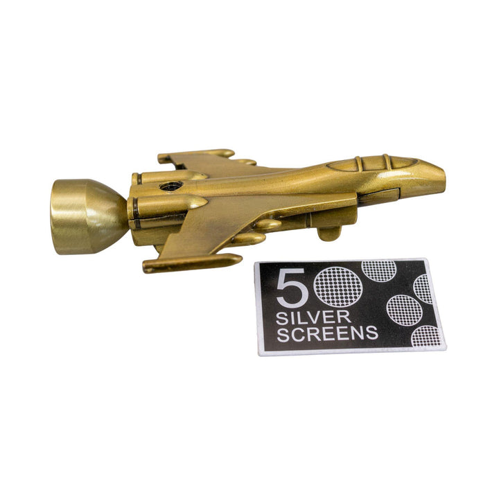 "Right side of a D&K Jet Hand Pipe with a package of 5 silver screens in front of the smoking device," - Up N Smoke.