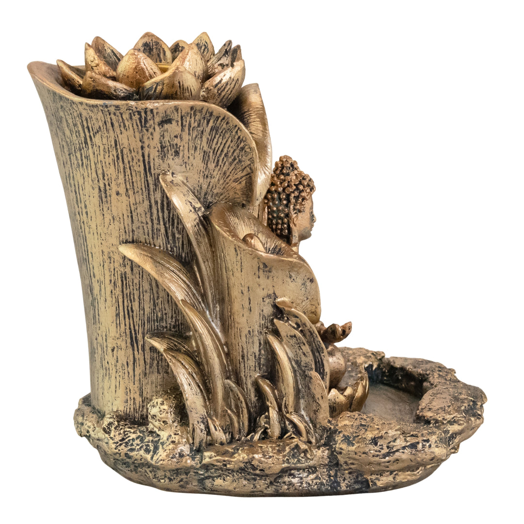 Bronze Buddha Backflow Incense Burner side facing displayed on a white background - Down To Earth