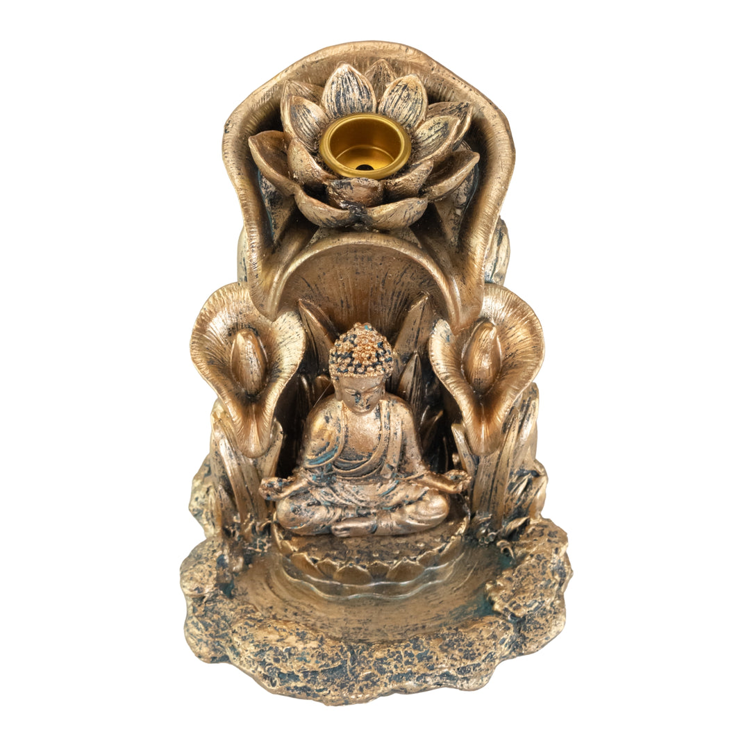 Bronze Buddha Backflow Incense Burner top down displayed on a white background - Down To Earth