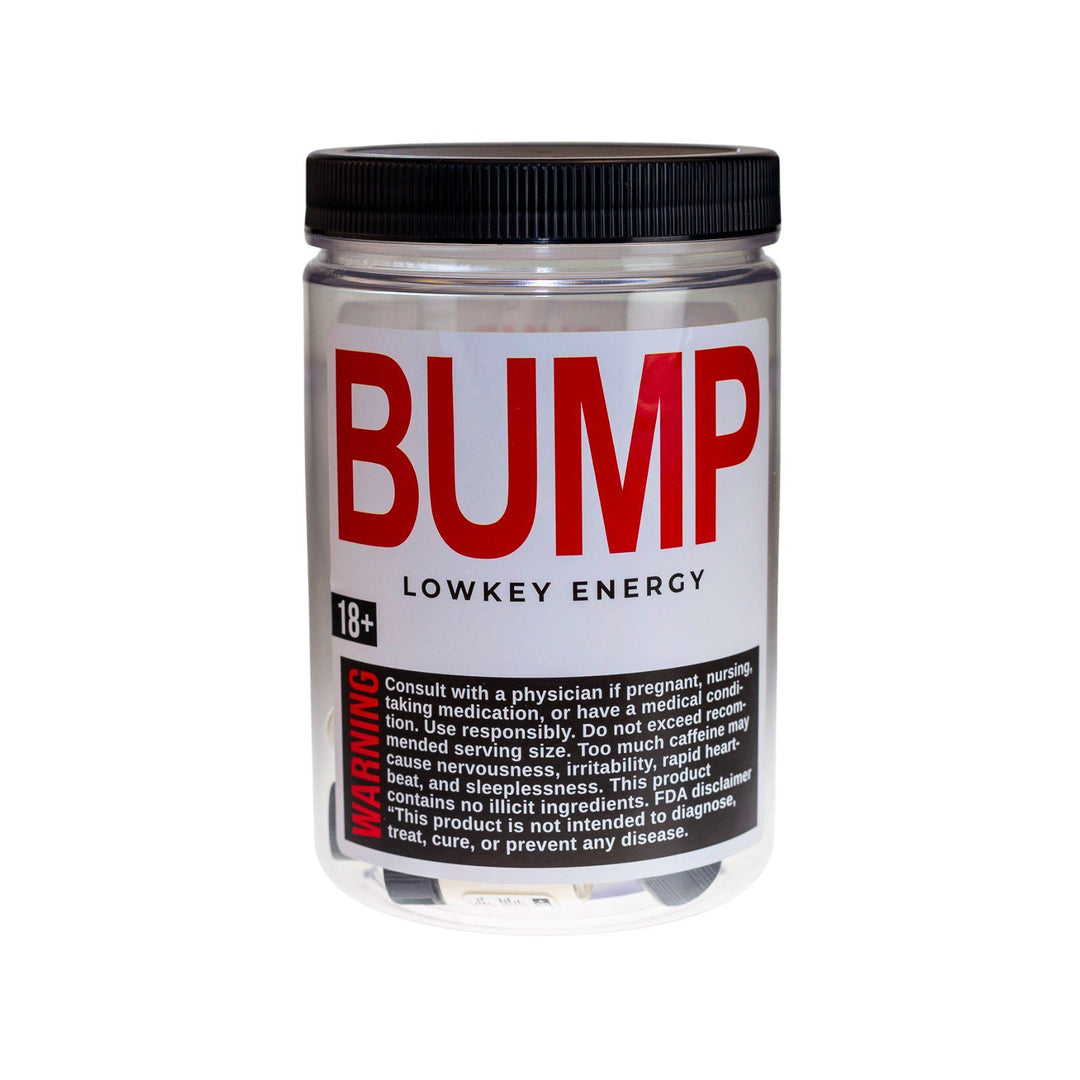 "A container of Bump Lowkey Energy, featuring a sleek, modern design with a clean label. The container is set against a plain background, showcasing the product’s vibrant branding and highlighting its promise of sustained, jitter-free energy."