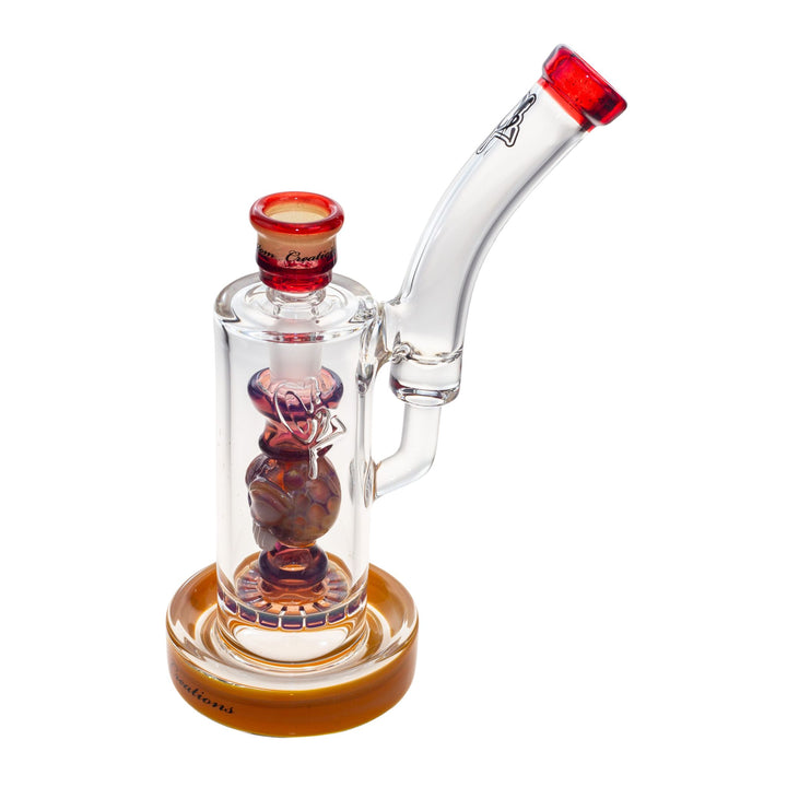 Side left view of a C2 50mm Bubbler. This piece features a ratchet filter, an ornate down stem, and a recessive joint. The colors are hues of orange, purple, and red. - Up N Smoke.