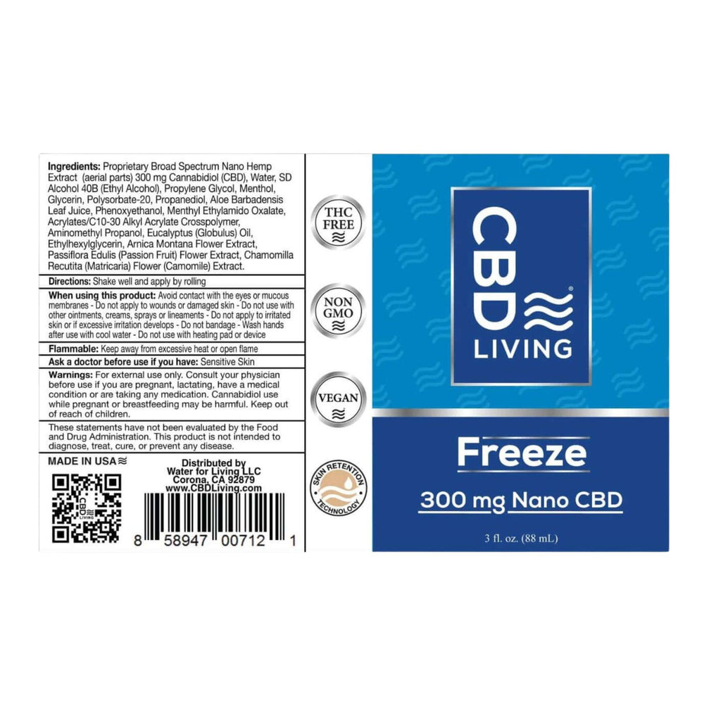 "CBD Living Freeze Roll-On product label on a white background," - Up N Smoke.