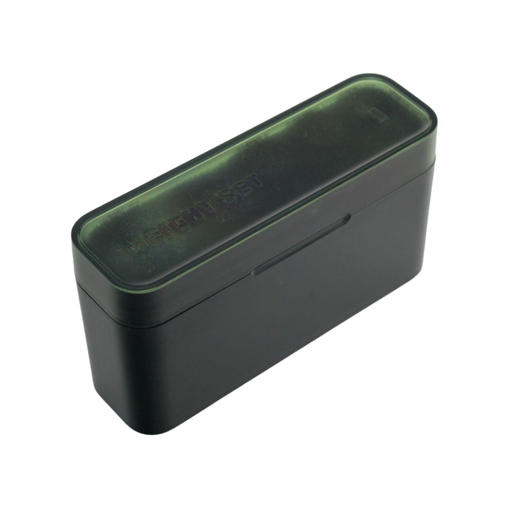 "Side angle of a dark green Calibration Weight Set with nine weights that add up to a total of 210g," - Up N Smoke.