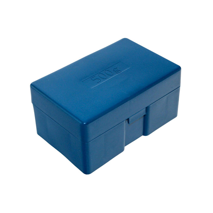 "Closed blue box of a Calibration Weight Set on a white background," - Up N Smoke.