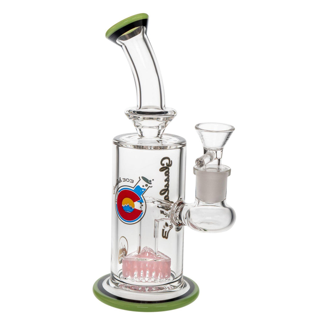"Glass Lab 303 Cam's Triangle Lace Perc Water Pipe in the color Slyme on a white background," - Up N Smoke.