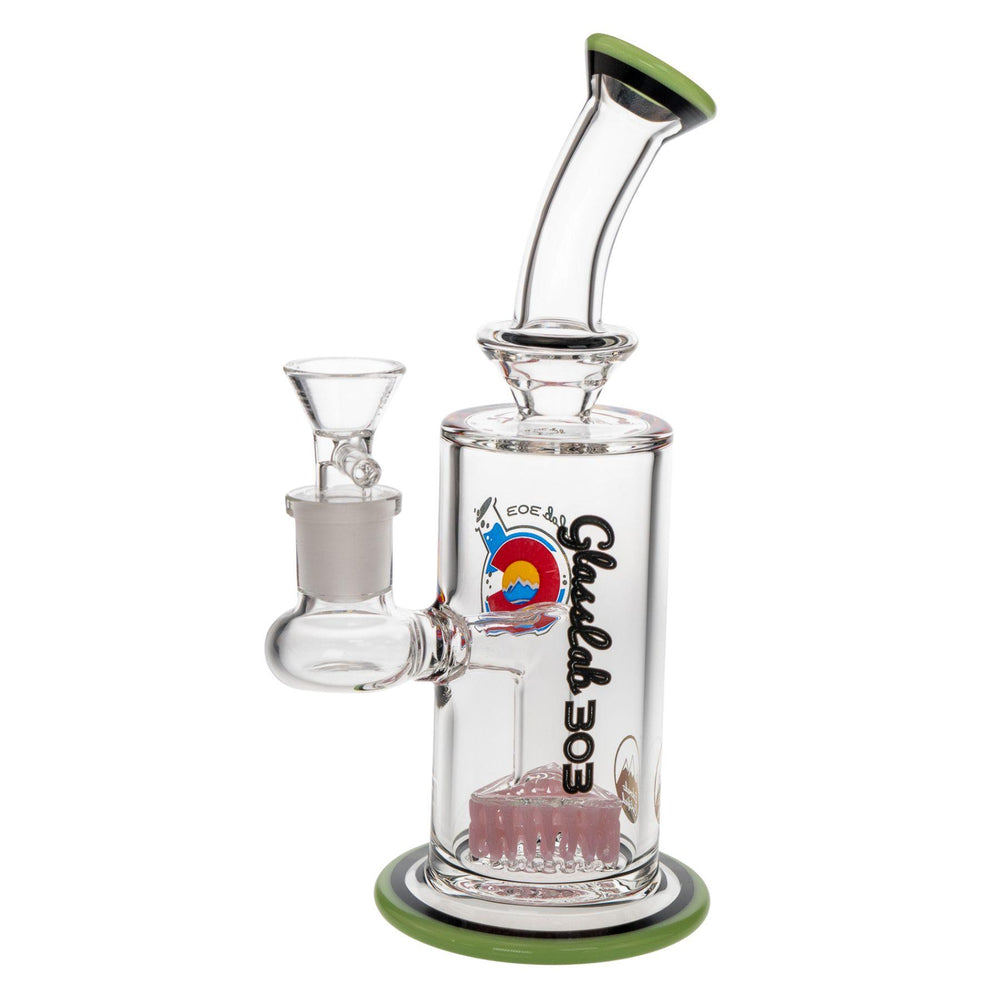 "Left-side of a Cam's Triangle Perc Water Pipe made by Glass Lab 303 on a white background," - Up N Smoke.