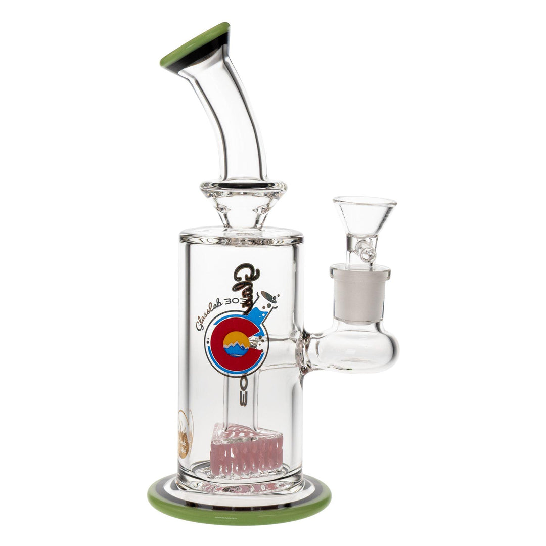 "Right-side view of a Cam's Triangle Perc Water Pipe made by Glass Lab 303 on a white background," - Up N Smoke.