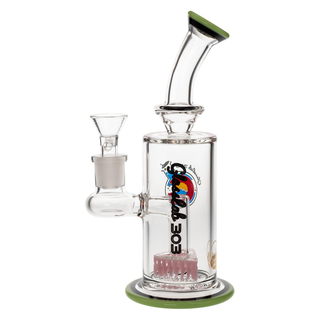 "Left-side view of a Slyme Glass Lab 303 water pipe that features a triangle colored-lace percolator," - Up N Smoke.