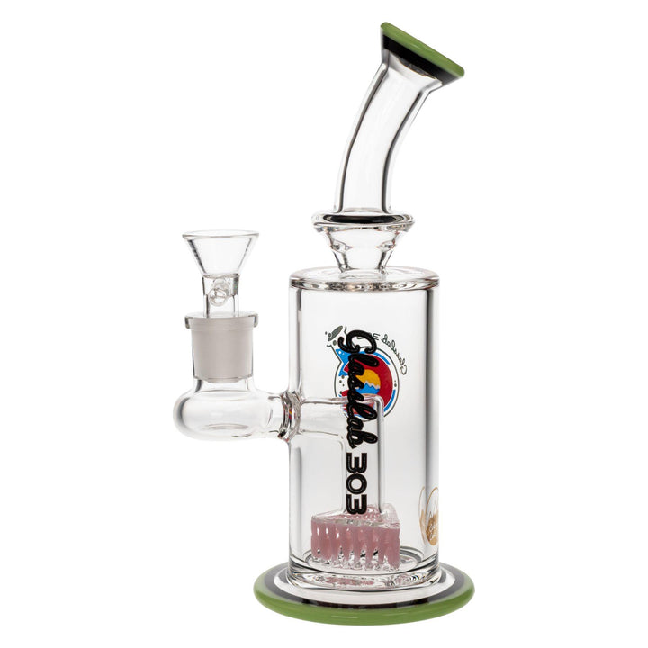 "Left-side view of a Slyme Glass Lab 303 water pipe that features a triangle colored-lace percolator," - Up N Smoke.