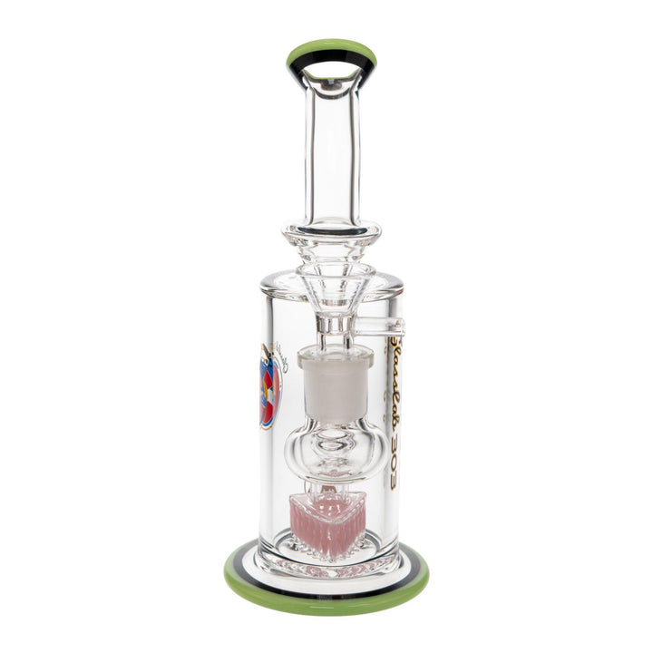 "Front-view of a Cam's Triangle Perc Water Pipe made by Glass Lab 303 in the color Slyme," - Up N Smoke.