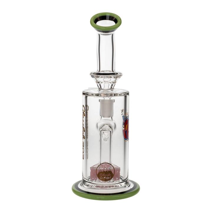 "Backside of a Cam's Triangle Perc Water Pipe made by Glass Lab 303 on a white background," - Up N Smoke.