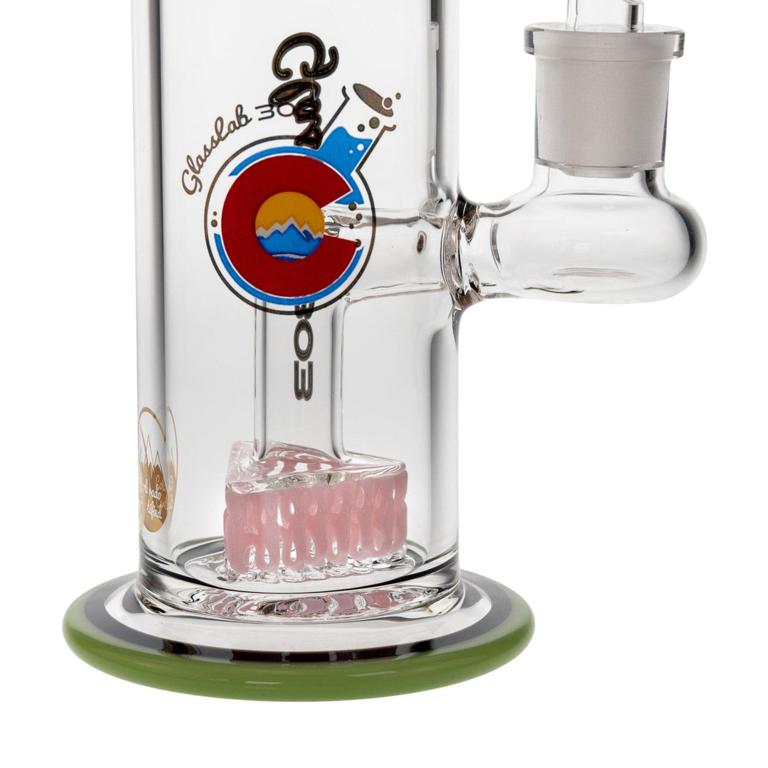 "Close-up of the colored-lace triangle percolator within a Glass Lab 303 piece on a white background," - Up N Smoke.