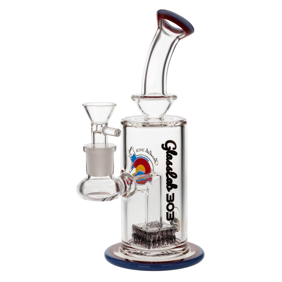 "Cam's Square Perc Water Pipe made by Glass Lab 303 on a white background," - Up N Smoke.