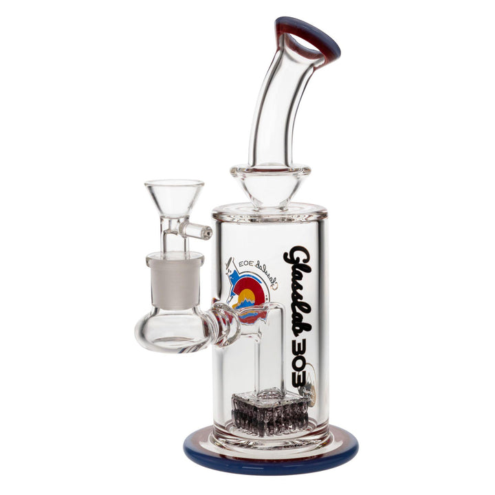 "Cam's Square Perc Water Pipe made by Glass Lab 303 on a white background," - Up N Smoke.