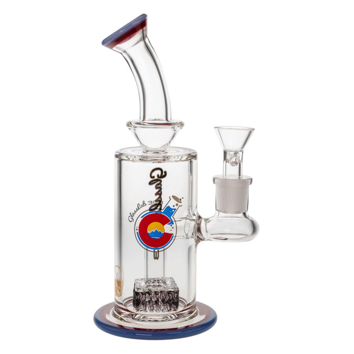 "Right-side view of a Cam's Square Perc Water Pipe made by Glass Lab 303 on a white background," - Up N Smoke.