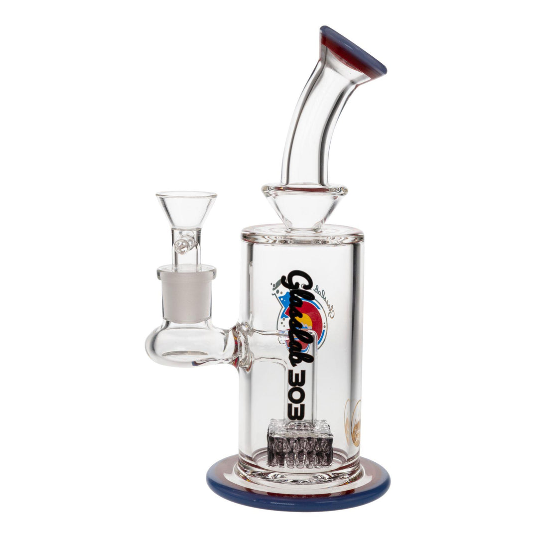 "Left-side view of a Cam's Square Perc Water Pipe made by Glass Lab 303 on a white background," - Up N Smoke.