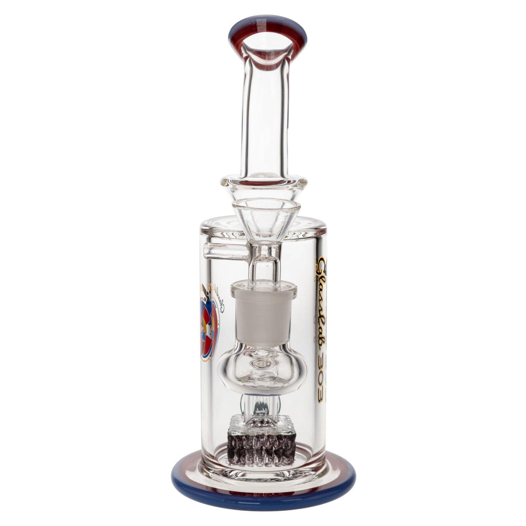 "Front of a Cam's Square Perc Water Pipe made by Glass Lab 303 on a white background," - Up N Smoke.