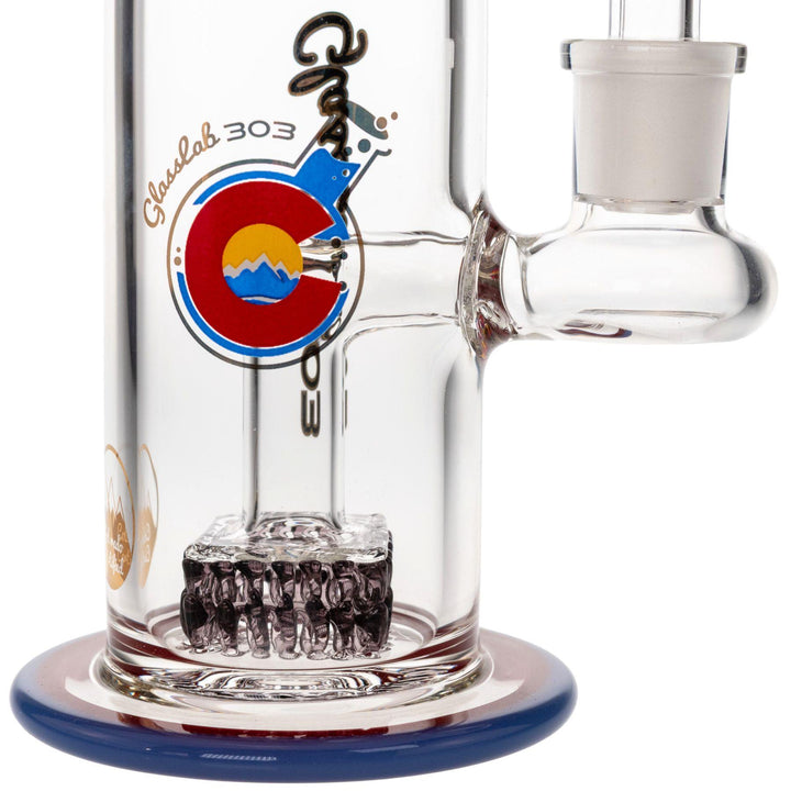 "Close-up of the interior of a Cam's Square Perc Water Pipe made by Glass Lab 303 on a white background," - Up N Smoke.