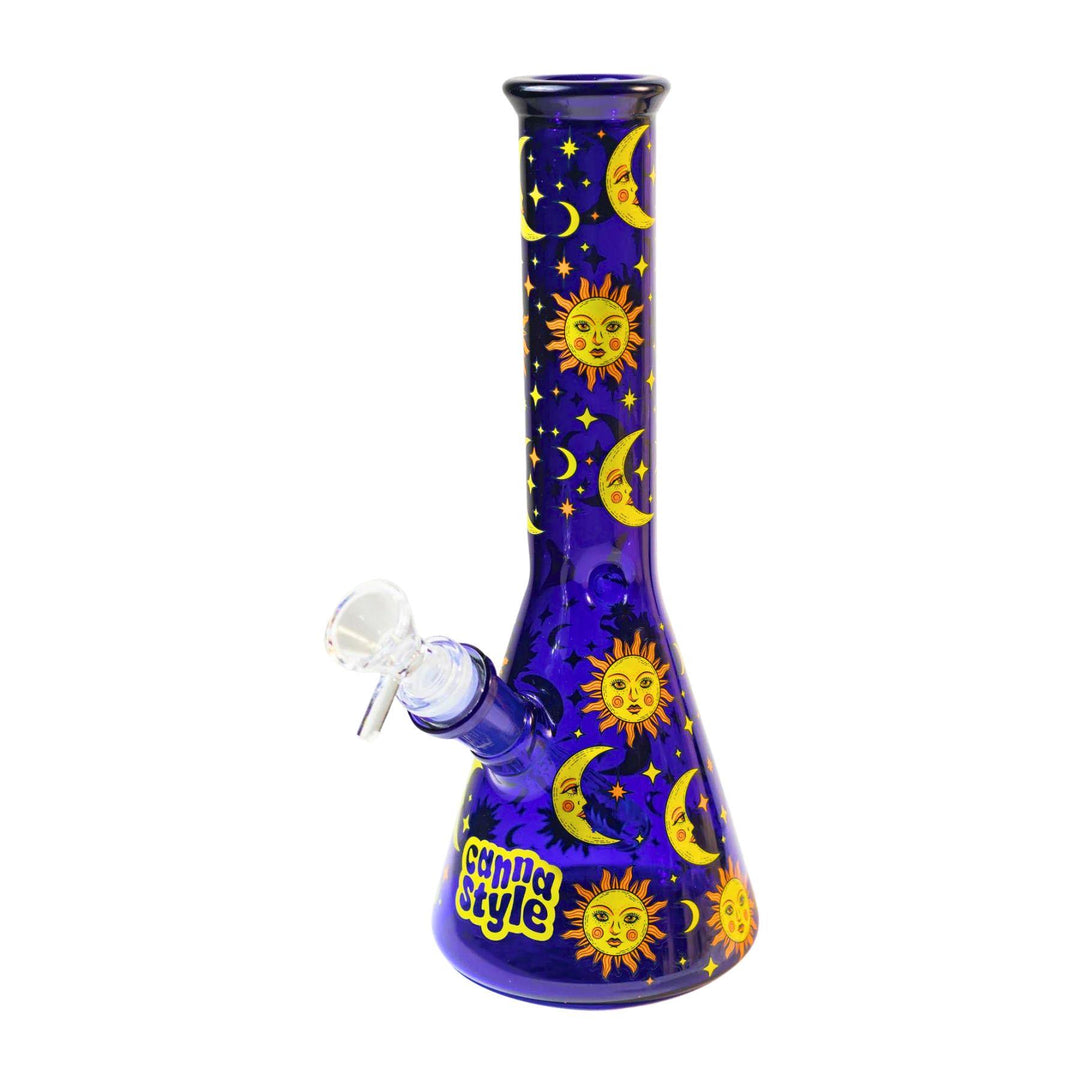 "Side left photograph of a dark blue water pipe with golden celestial designs." - Up N Smoke.