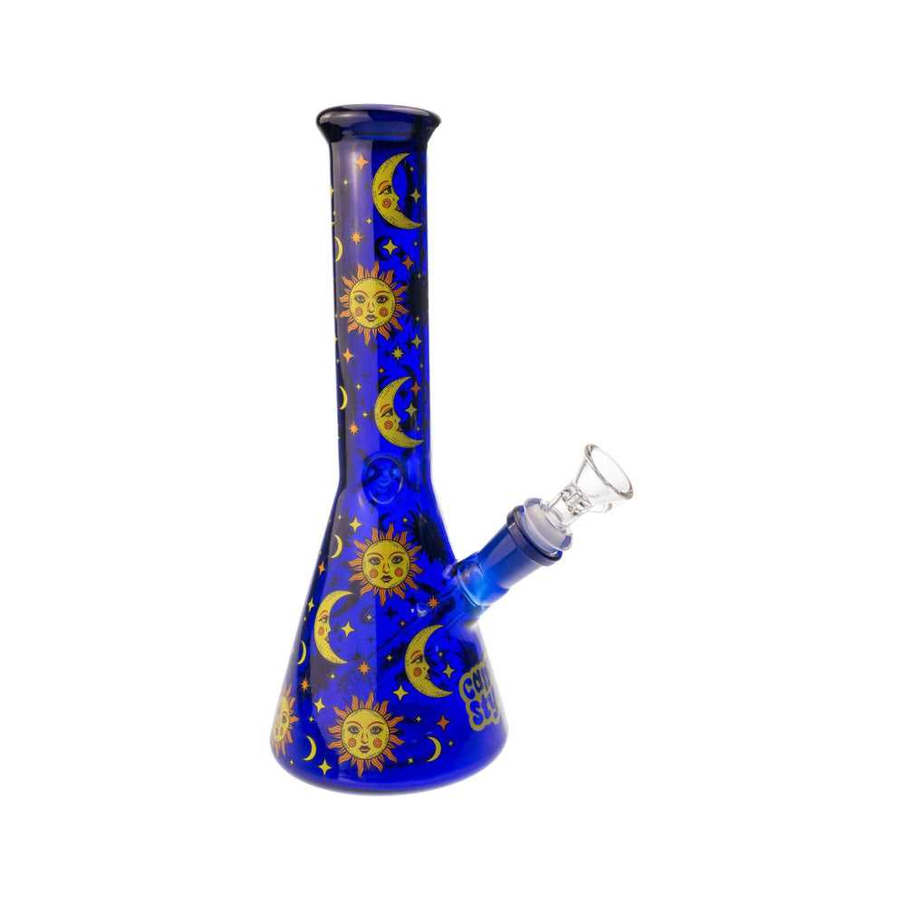 "Side right photograph of a dark blue water pipe with golden celestial designs." - Up N Smoke.