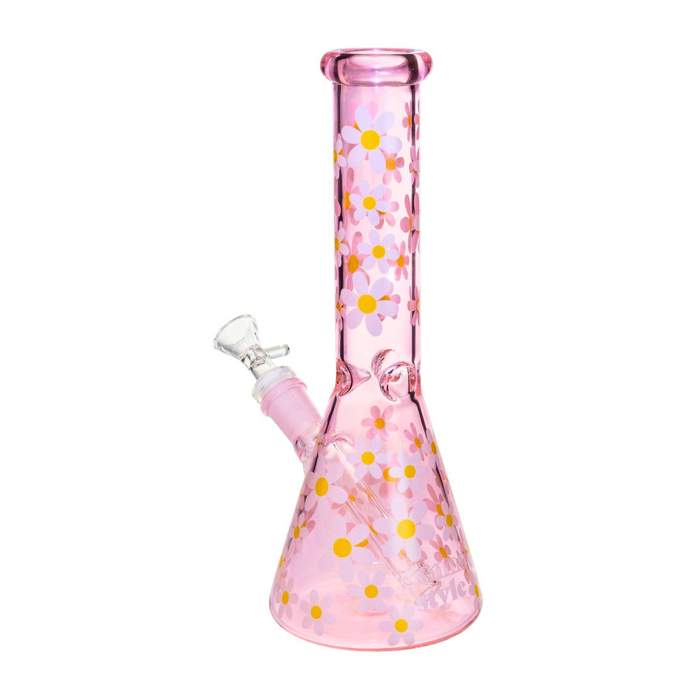 "Retro Daisy Pink Glass Water Pipe with hand-painted white daisies, 10 inches tall, featuring a wide beaker base and removable downstem." - Up N Smoke.