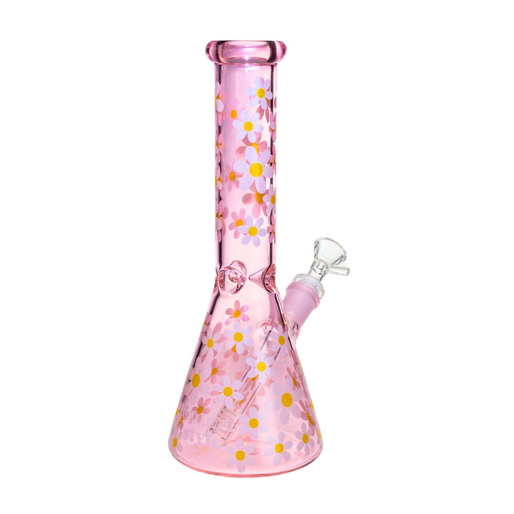 "Retro Daisy Pink Glass Water Pipe with hand-painted white daisies, 10 inches tall, featuring a wide beaker base and removable downstem." - Up N Smoke.