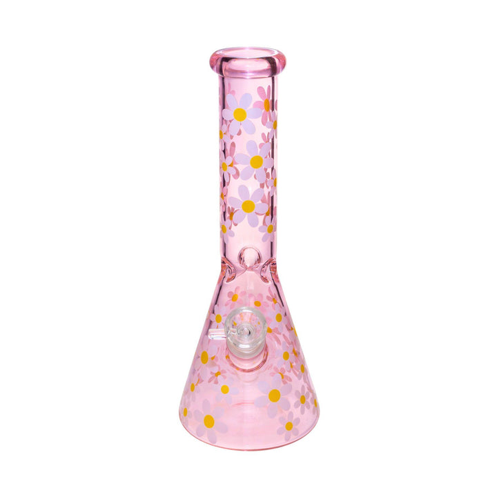 "Retro Daisy Pink Glass Water Pipe with hand-painted white daisies, 10 inches tall, featuring a wide beaker base and removable downstem." - Up N Smoke.