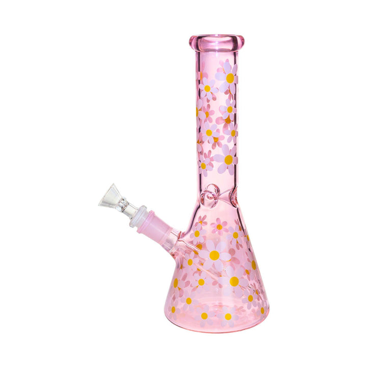 "Retro Daisy Pink Glass Water Pipe with hand-painted white daisies, 10 inches tall, featuring a wide beaker base and removable downstem." - Up N Smoke.