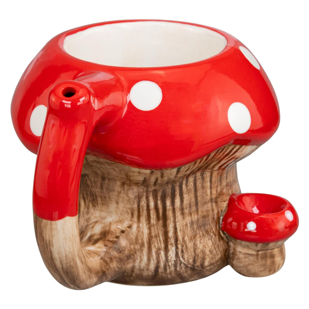 Red Mushroom Ceramic Pipe Mug, slight side angle on a white background - Up N Smoke