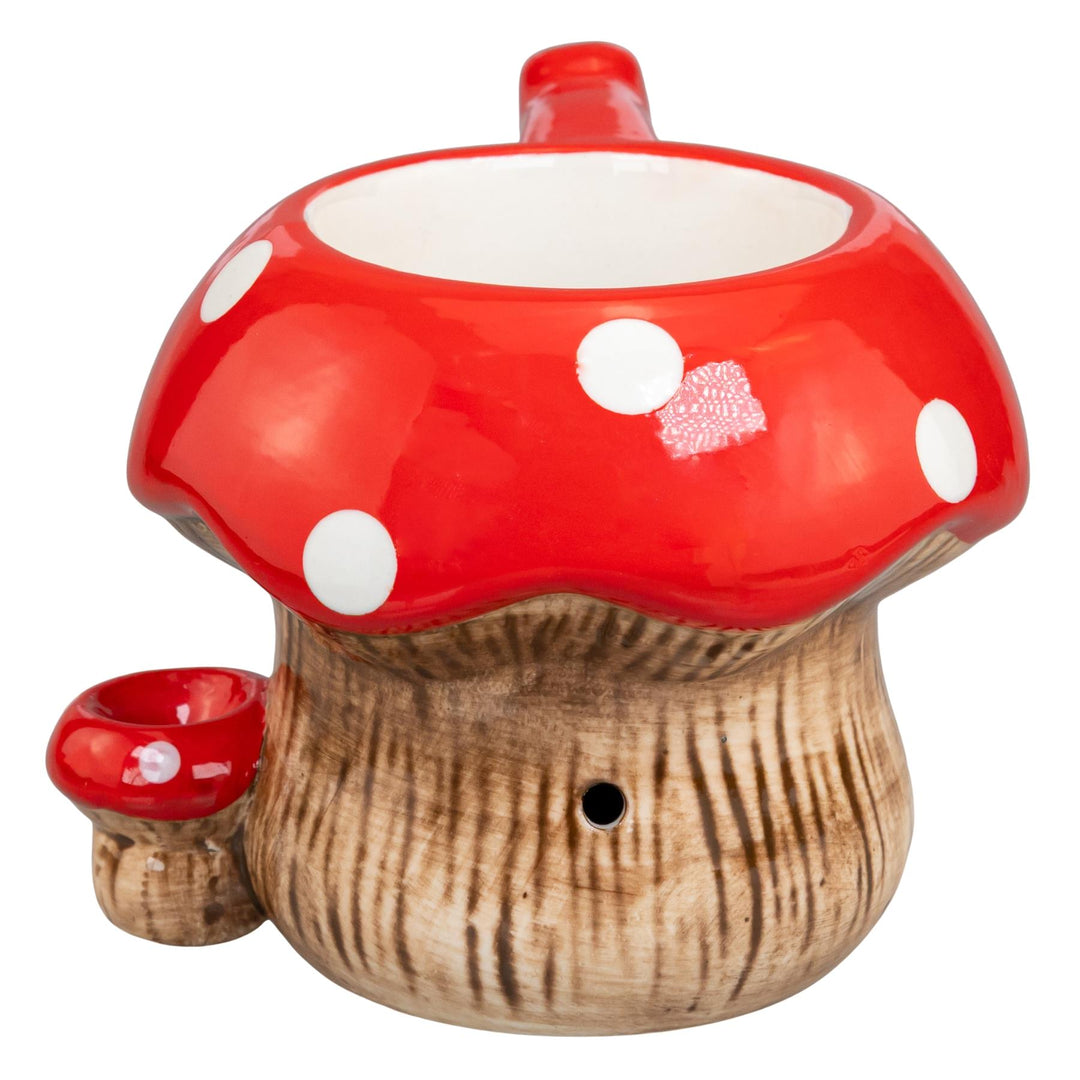 Red Mushroom Ceramic Pipe Mug back angle on a white background - Up N Smoke