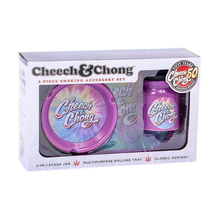 "Cheech & Chong 3-piece smoking accessory set in packaging," - Up N Smoke.
