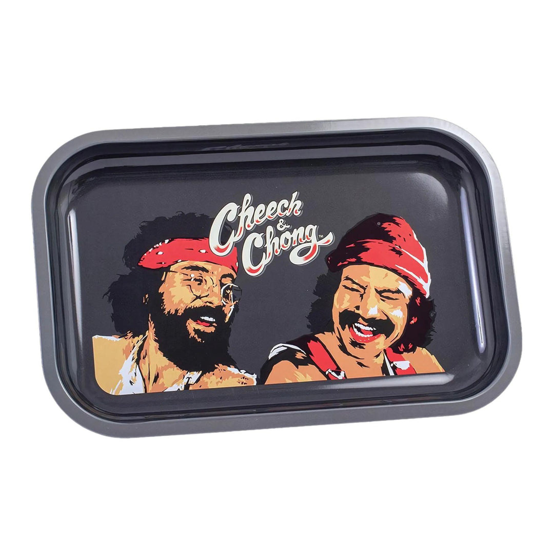 "Front photograph of a black rolling tray featuring Cheech and Chong laughing in full color." - Up N Smoke.