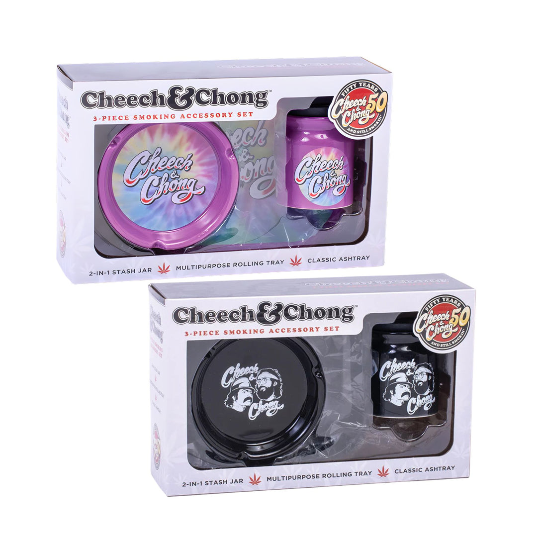 "Cheech & Chong 3-piece smoking accessory set packaging on a white background," - Up N Smoke.