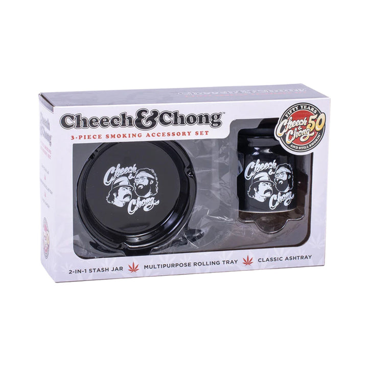 "Cheech & Chong 3-piece smoking accessory set packaging on a white background," - Up N Smoke.