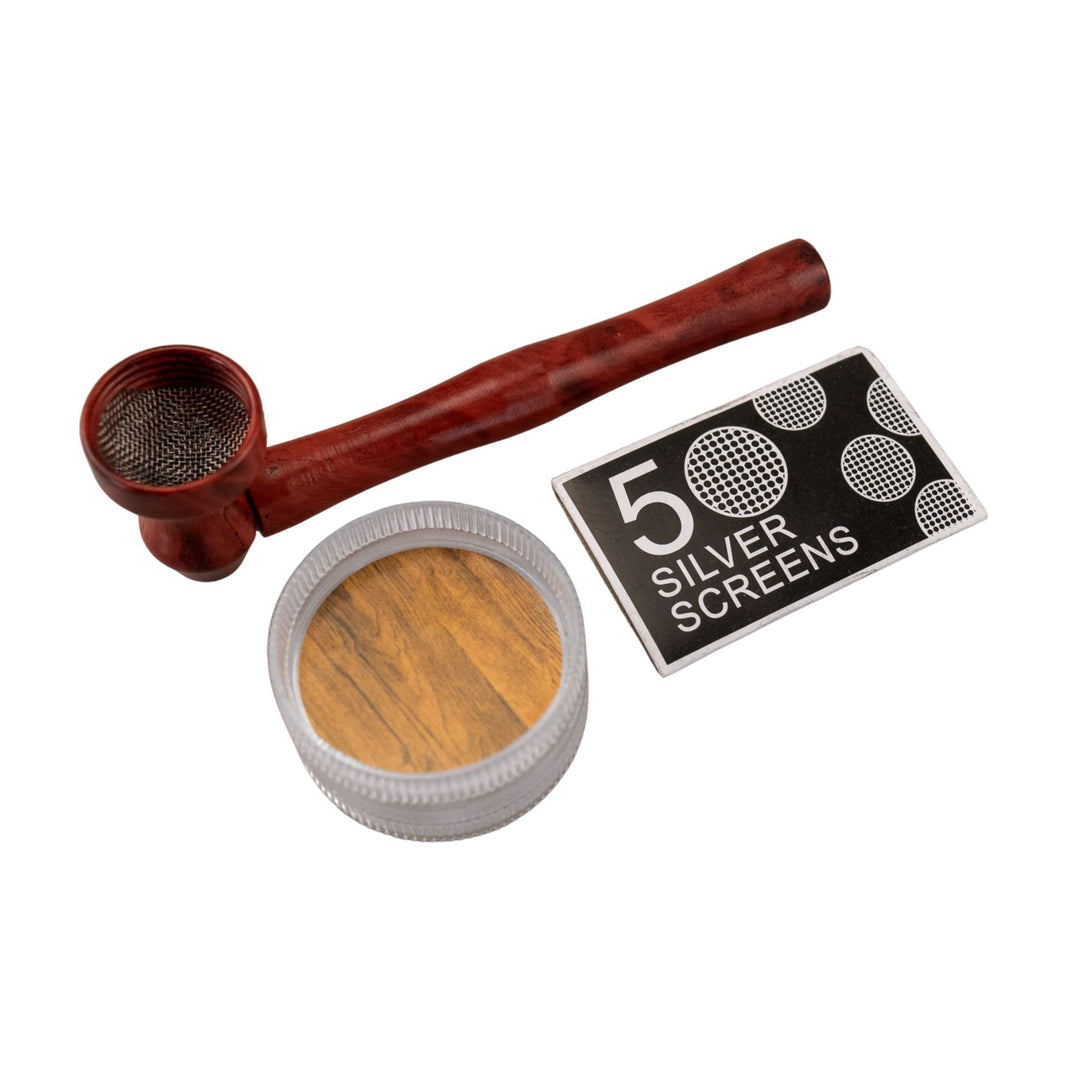 "Cherry D&K Woodgrain Metal Pipe next to a two-piece grinder and a package of five silver screens," - Up N Smoke.