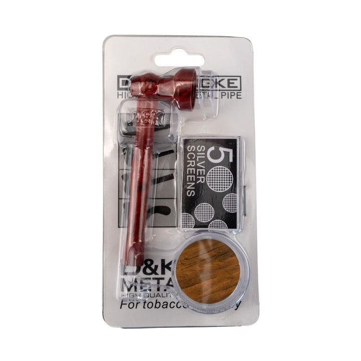 "Top-down view of a Cherry D&K Woodgrain Metal Pipe in its original packaging," - Up N Smoke.