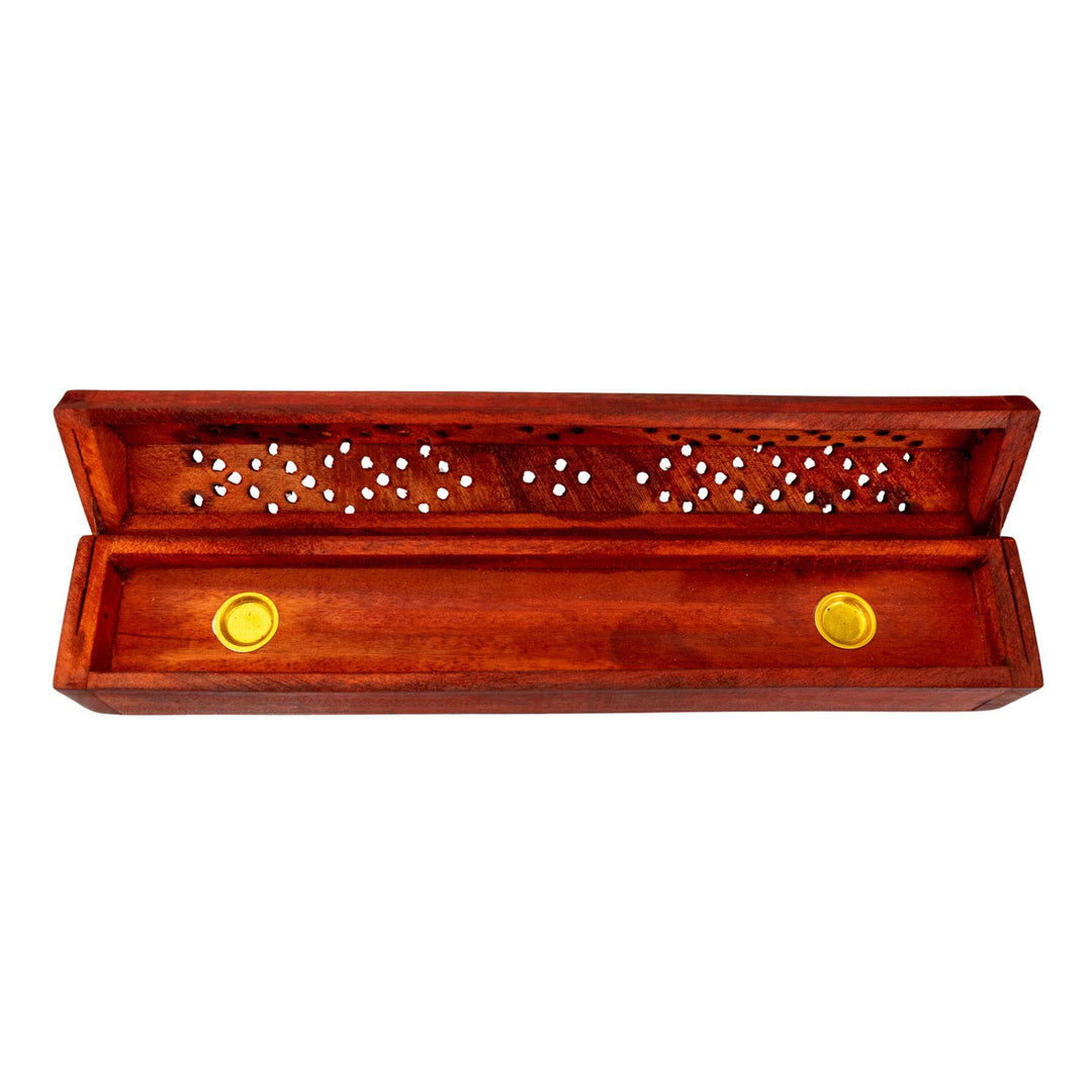 "Open cherry red Coffin Incense Burner in the variation Triangle on a white background," - Up N Smoke.