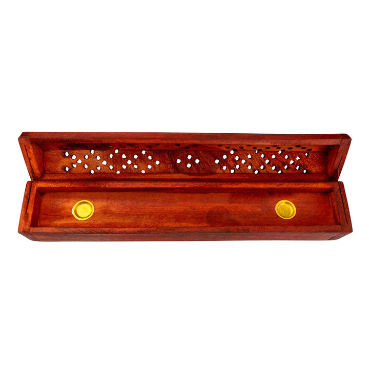 "Open cherry red Coffin Incense Burner in the variation Triangle on a white background," - Up N Smoke.
