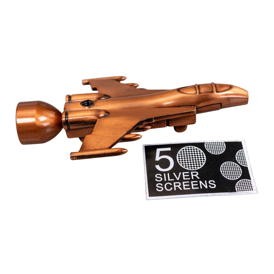 "Right side of a Copper D&K Jet Hand Pipe with a package of 5 silver screens in front of the smoking device," - Up N Smoke.