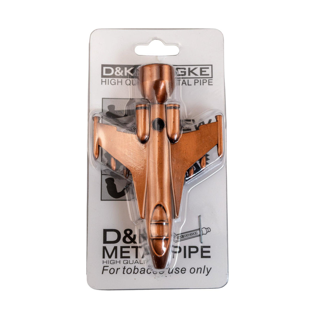 "Top-down view of a Copper D&K Jet Hand Pipe in its original packaging on a white background," - Up N Smoke.