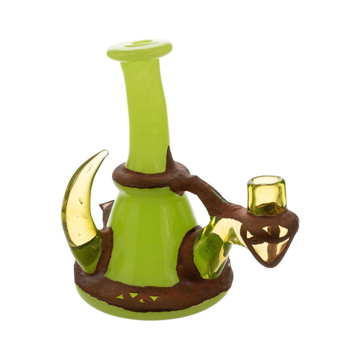 "Green Copper-Plated Opal Rig with crushed opal pieces adorned throughout the copper plating and green glass horns on both sides," - Up N Smoke. 