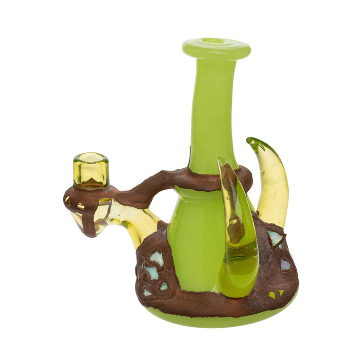 "Left side of a Copper Plated Opal Rig with real crushed opal pieces adorned to the piece on a white background," - Up N Smoke.