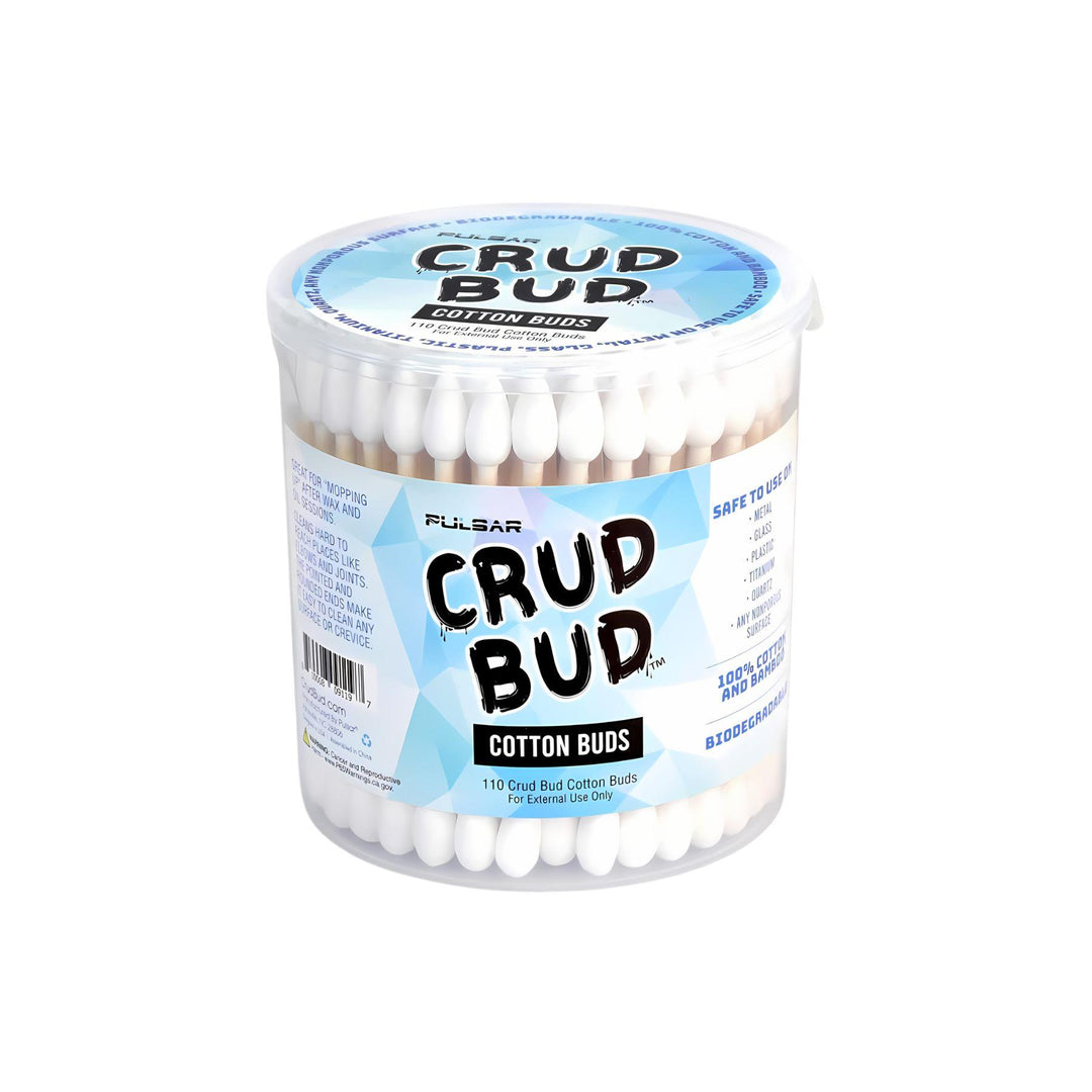 "A studio photograph of a 110-pack of Pulsar Crud Bud Dual End Cotton Buds." - Up N Smoke.