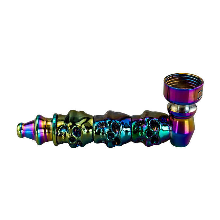 "Right side of a D&K Anodized Skull Pipe on a white background," - Up N Smoke.